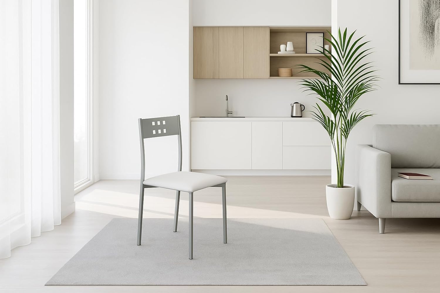 MOMMA HOME Set 2 Sillas de Cocina y salón -Xara - Material Metal Color Plata y Asiento en Cuero sintético - Medidas 41 x 47 x 86 cm. (Blanco)