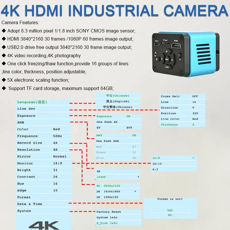 Image of 4K HD Microscope Camera 8.3MP 3840 x 2160 Resolution USB Industrial Microscope Camera for Digital Video and Photo