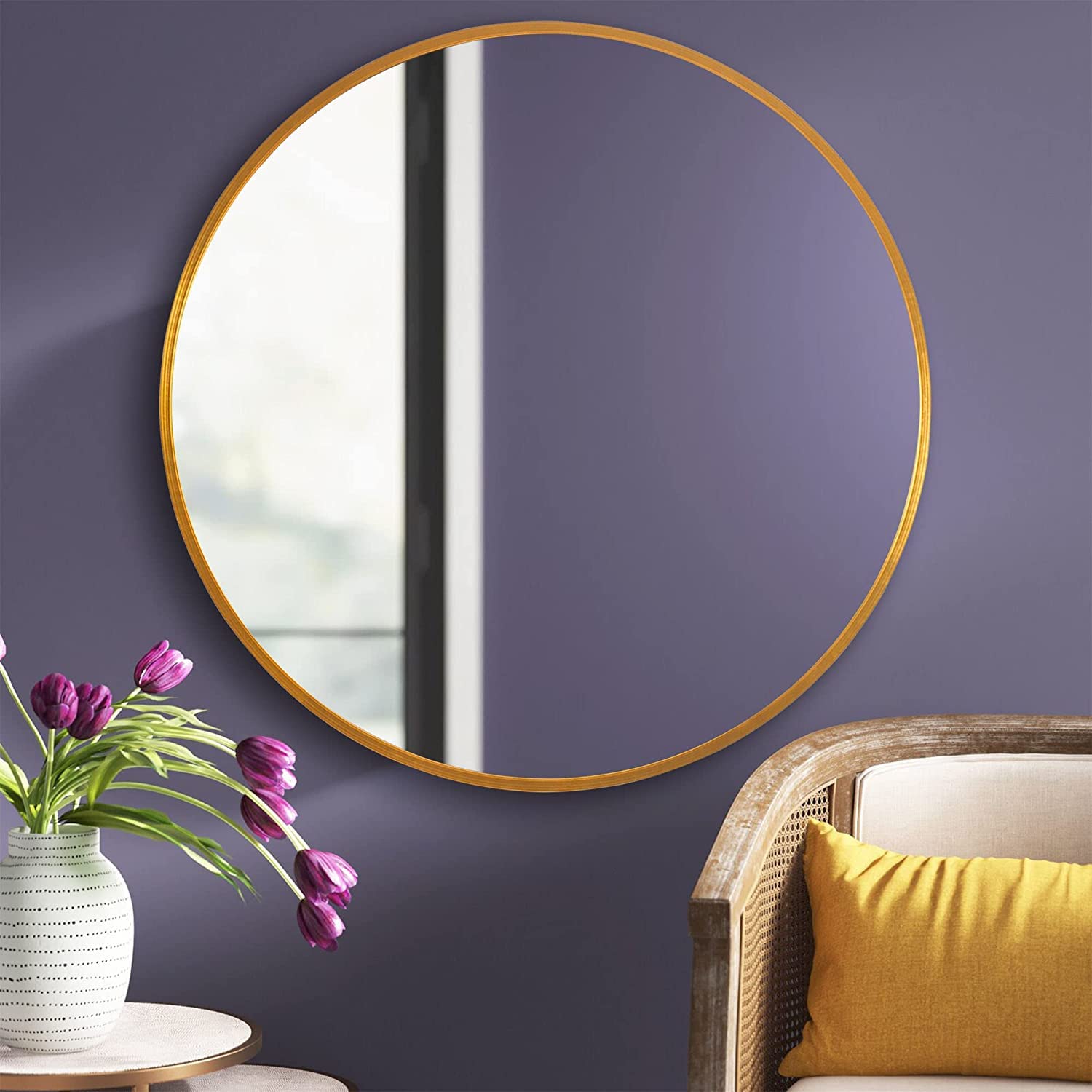 NeuType Round Wall Mirror Large Circle Mirrors for Wall Bathroom Mirror Vanity Wall-Mounted Mirrors Decorative Mirrors for Bedroom Living Room Entryway Aluminum Alloy Frame (Gold, 36")