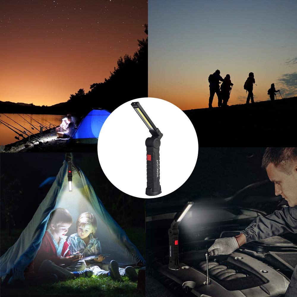Lot de 2 lampes de travail LED, rechargeable par USB, avec base magnétique, rotation à 360 ° et 5 modes, lampe de poche pliante pour réparation de voiture, atelier, ménage et urgences