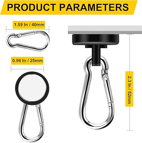 Miniatura 8 de DIYMAG Ganchos magnéticos negros, ganchos magnéticos de neodimio resistentes de 110 libras con gancho de mosquetón giratorio, ideal para tu