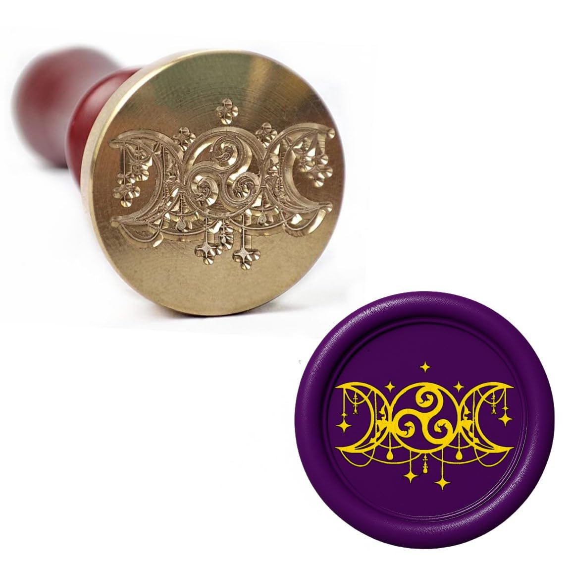 Triple Moon Wax Seal Stamp – Wiccan Pagan Witch Symbol, 25mm Brass Head with Wooden Handle for Spell, Journals, Gifts (Spiral Starlight)