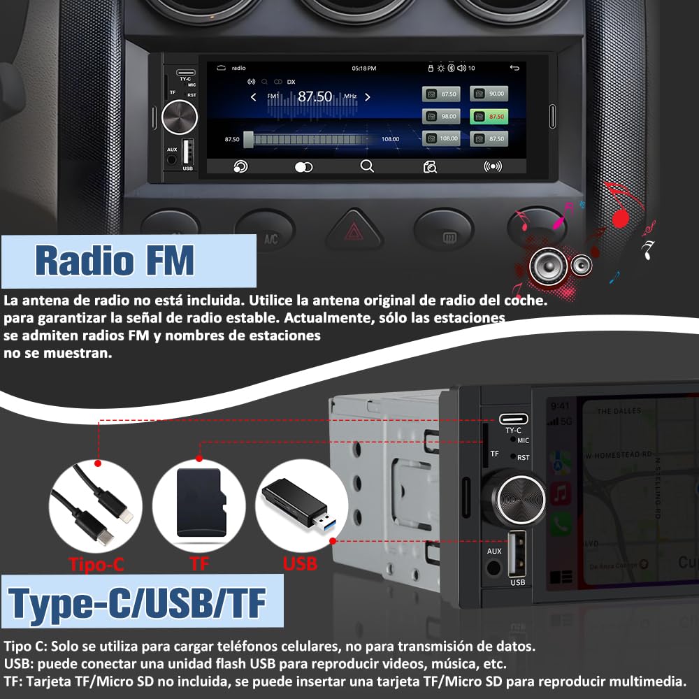 Radio de Coche 1 DIN Universal con Carplay y Android Auto Inalámbrico,Autoradio 1 DIN con Pantalla Táctil de 6.36 Pulgadas y Cámara Trasera, Admite Bluetooth/Mandos Volante/FM/USB/TF