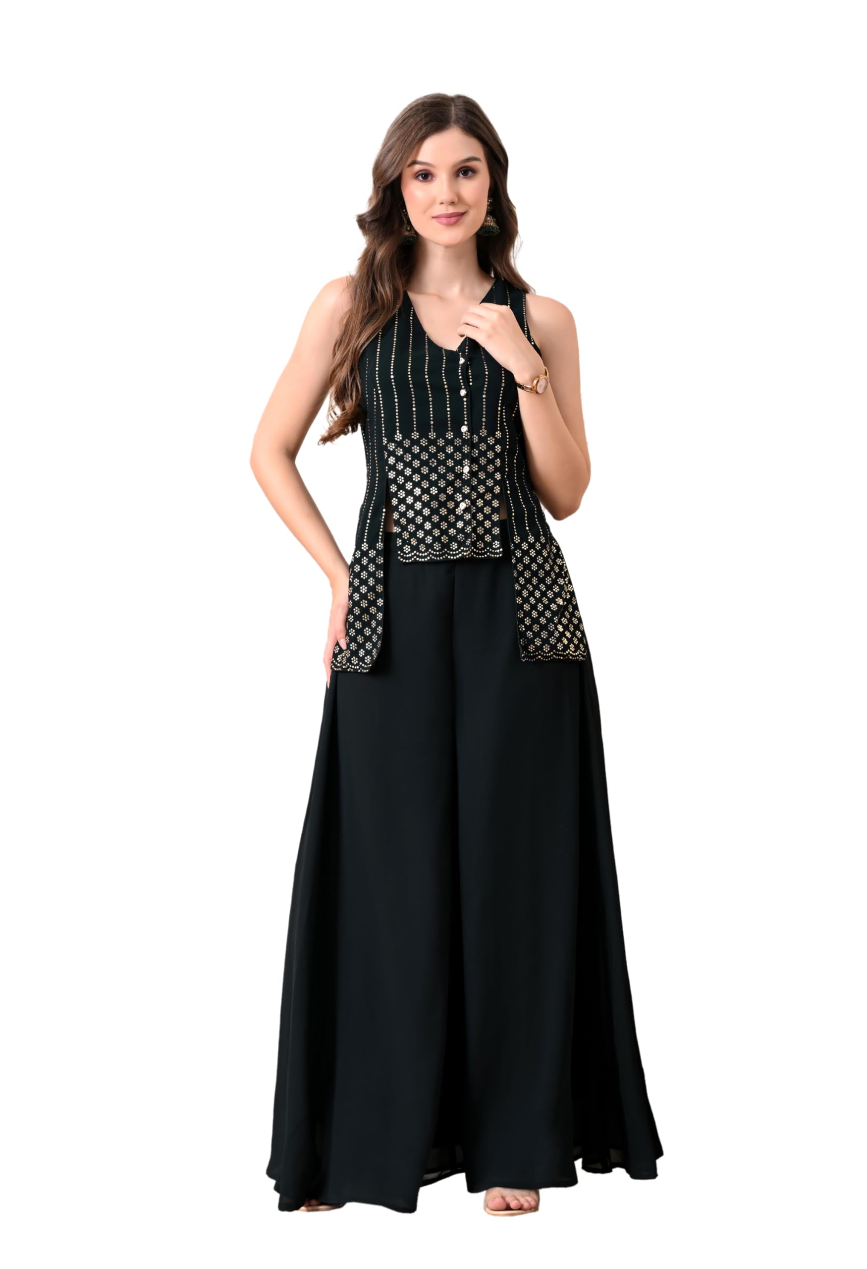 v&m Women's Teal Embellished Sleeveless Top with Palazzo Co-ord Set-picture-21
