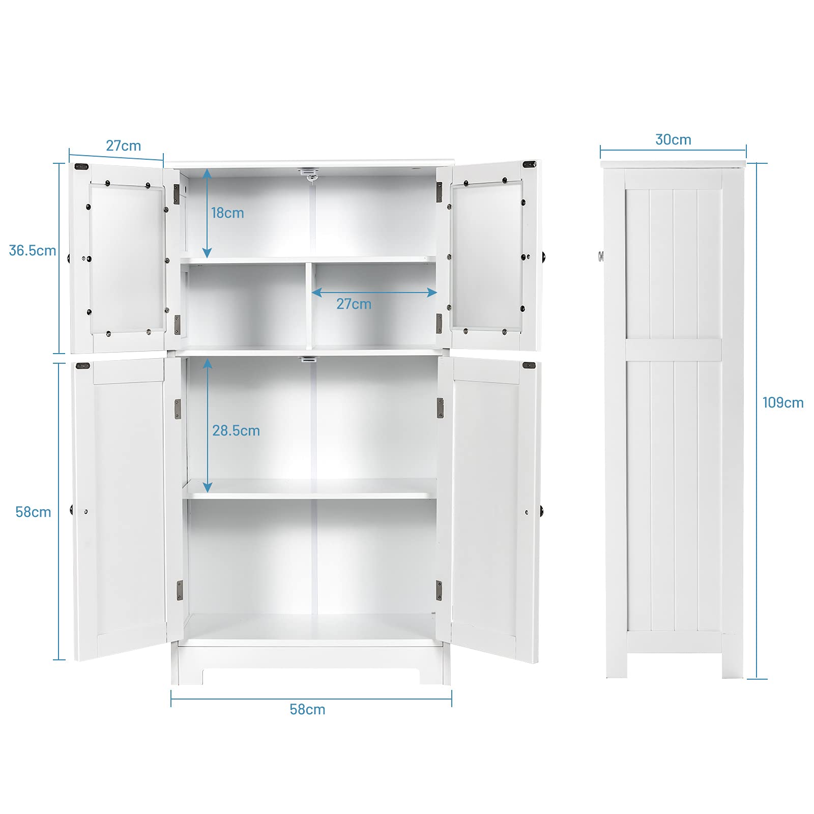 COSTWAY Armario del Baño con 4 Puertas, Armario con Puertas de Vidrio, Despenda de Madera para Cocina con Repisas Regulables, Organizador Multiuso para Casa Salón Oficina