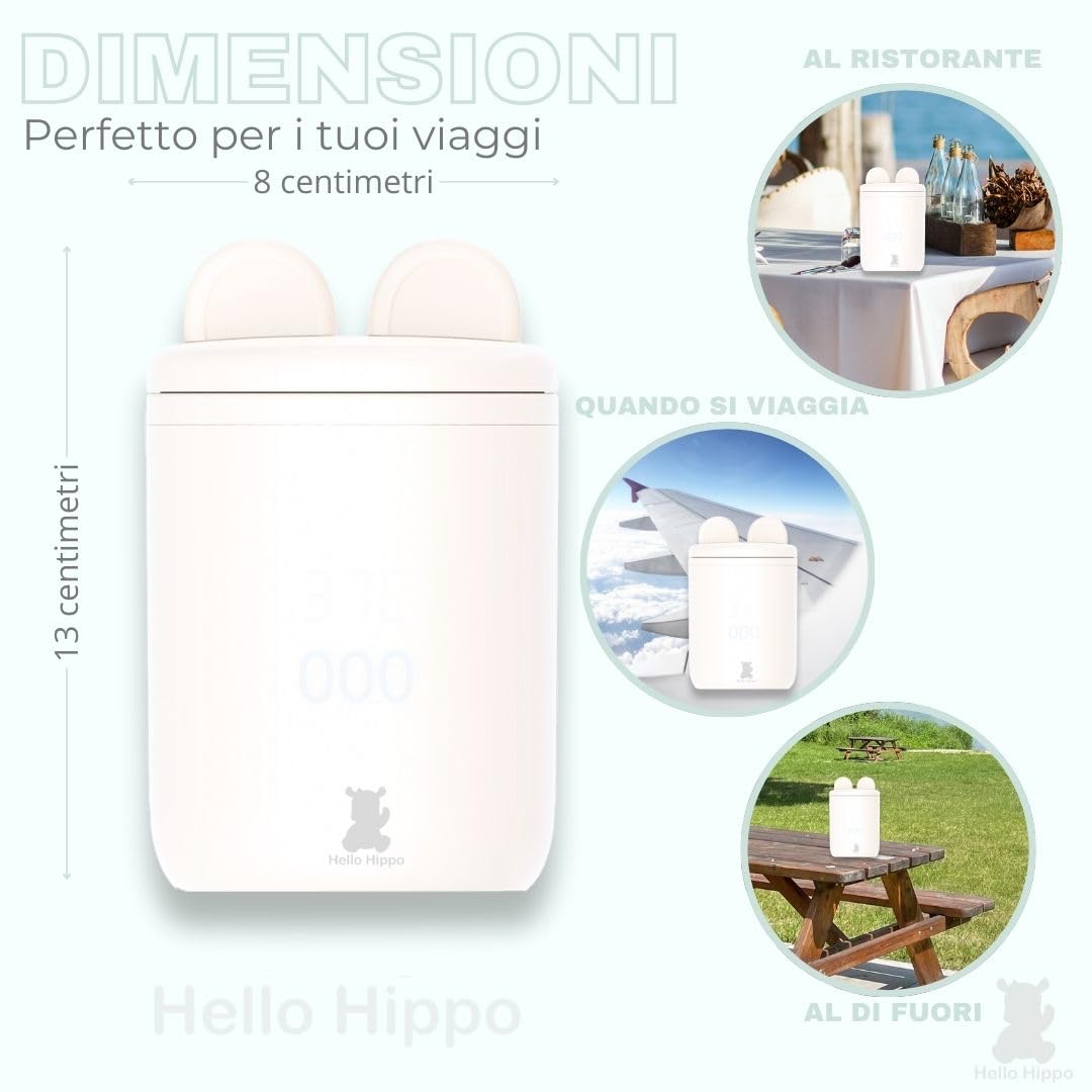 Hello Hippo - Scaldabiberon compatto e portatile: USB-C ricaricabile, anti-perdita, compatibile con Philips Avent, MAM, NUK | 4 temperature regolabili | Riscaldamento rapido ed efficiente