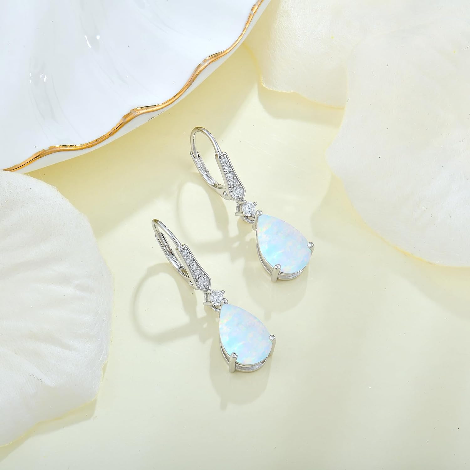 Created Opal Earrings 925 Sterling Silver Leverback Drop Dangle Earrings 5A Cubic Zirconia Jewelry for Women