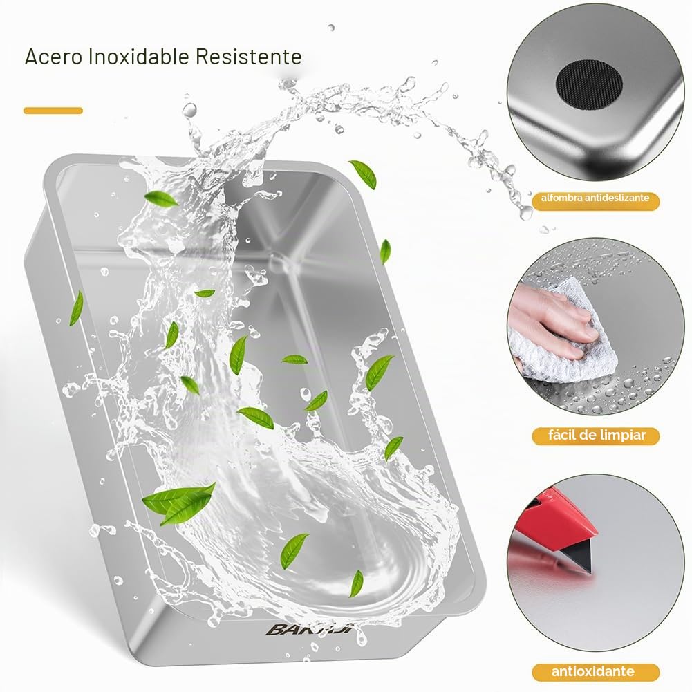 BAKAJI Arenero para Gatos XXL con Base de Acero Inoxidable de 35 litros y Puerta Transparente bloqueable, Plataforma Anti Arena, Pala con Recipiente y Alfombrilla antisuciedad, 40 x 60 x 39 cm