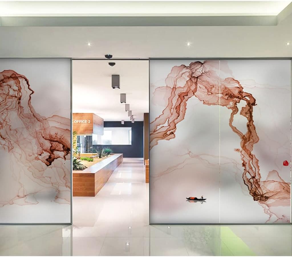 Window Clings Window Privacy Film Modern Chinese Landscape Painting Office Static Sticker Frosted Color Decorative Glass Window Film Privacy Window Film(C,60 * 120 cm)