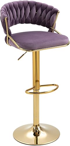 Miniatura 3 de UIXE Juego de 2 taburetes de bar giratorios de respaldo alto, taburetes de bar dorados ajustables de terciopelo con reposapiés, sillas de comedor