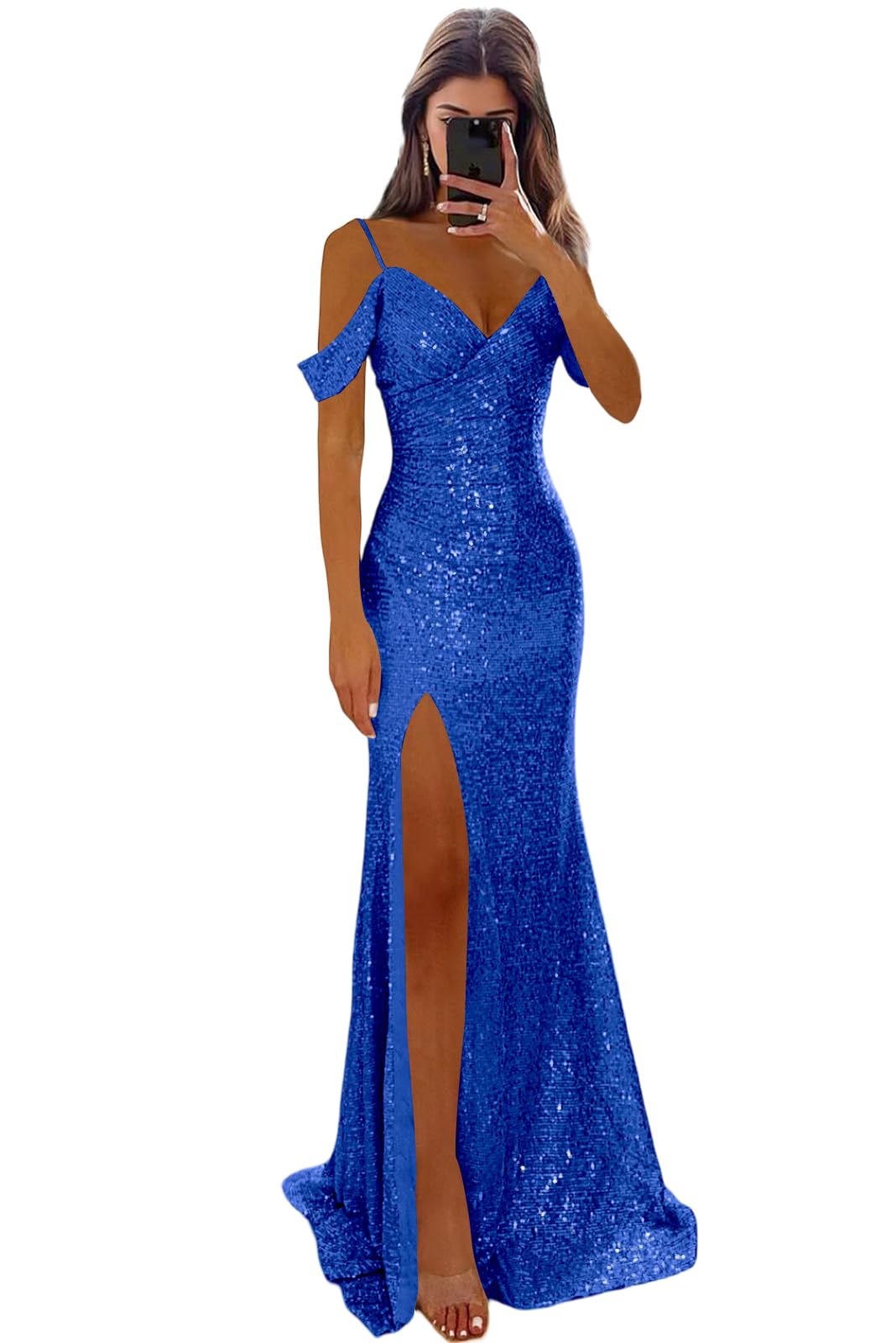 WENKAFO Off The Shoulder Pleated Sequin Prom Dresses 2026 Long for Women Mermaid V Neck Formal Evening Gowns with Slit WA067