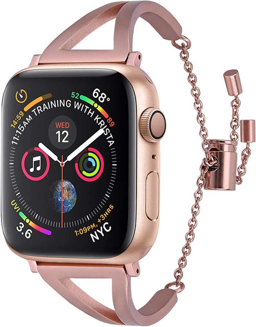 CAGOS Compatible with Apple Watch Band 42mm 44mm Women, Unique Metal Bracelet Classic Cuff Wristbands Replacement Straps for Apple iWatch Series 5/4/3/2/1 (Match Gold Aluminium Case, 42mm/44mm)