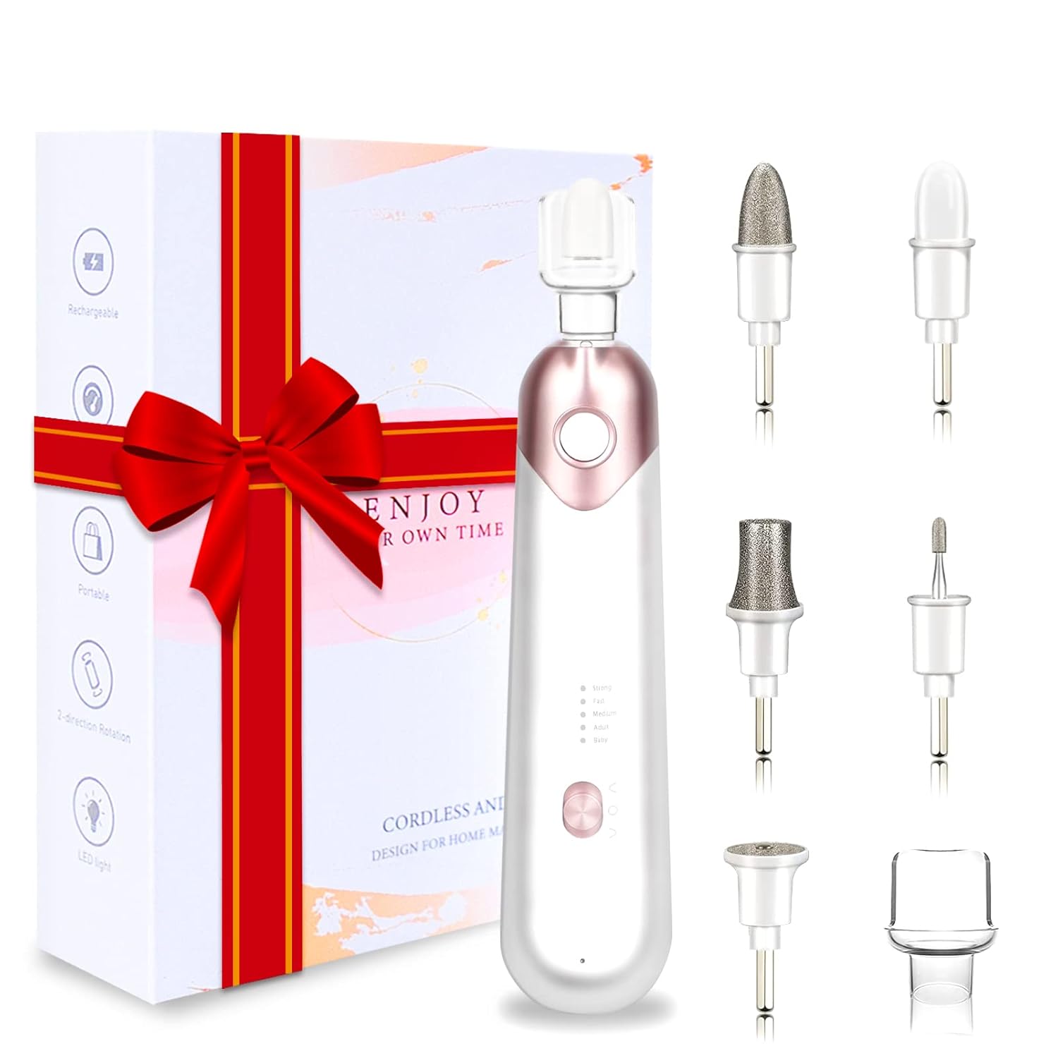 Wedyvko Electric Nail Drill File Set, Manicure and Pedicure Kit, Cordless Electric Nail File, 5 Speeds Hand Foot Care Tool for Nail Grind Trim Polish (White)