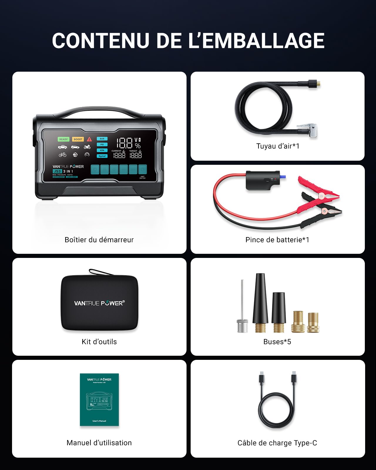 JS3 3250A Réels Booster Batterie Voiture avec Gonfleur 160PSI, 12V Démarreur Portable avec 9" Grand Écran, Charge Rapide 65W Power Bank, 400 Lumens LED, pour Essence 10L/ Diesel 8L