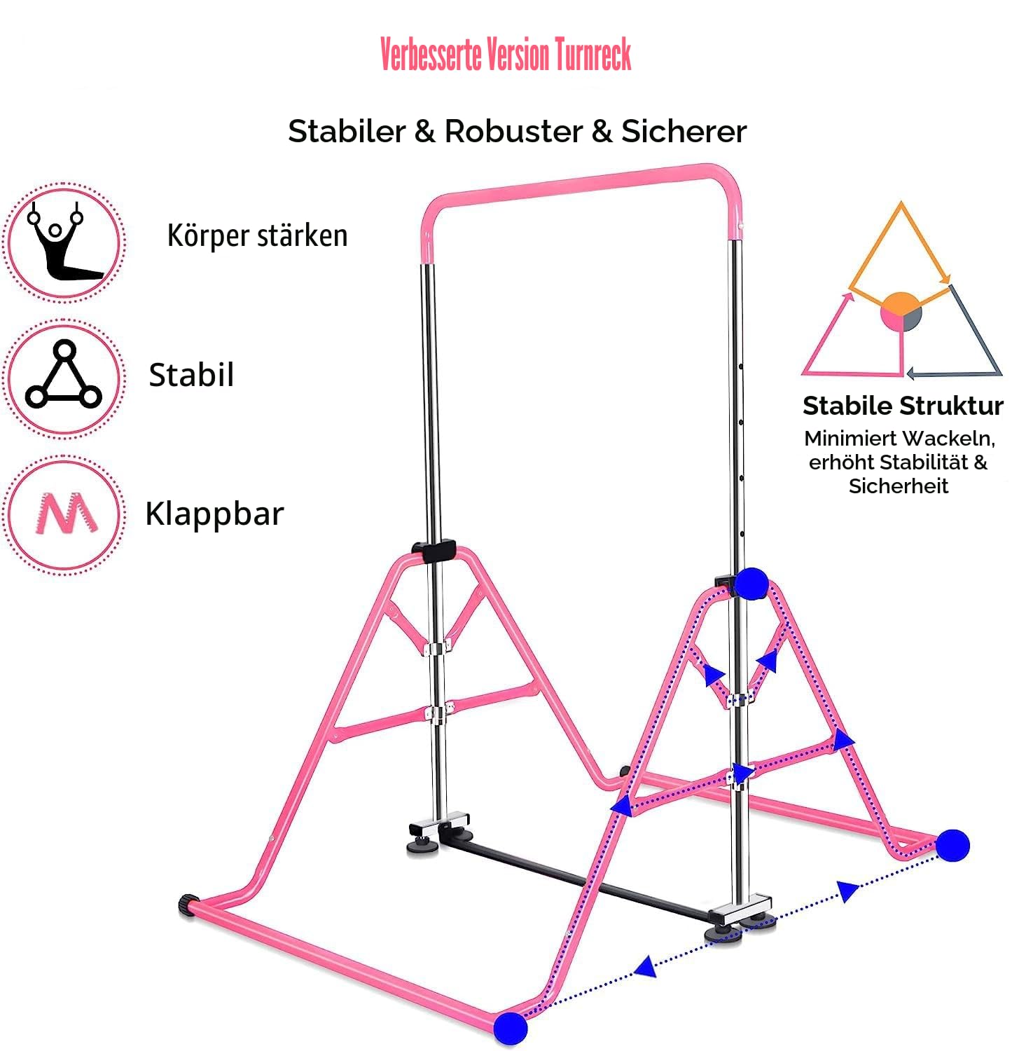 Kinder Turnreck Gymnastik Reck Turnstange Reckstange Klimmzugstange Reckanlage Horizontale Training Bar Trainingsgeräte mit Gymnastikringen für 3-12 Jahre alte Kinder Indoor