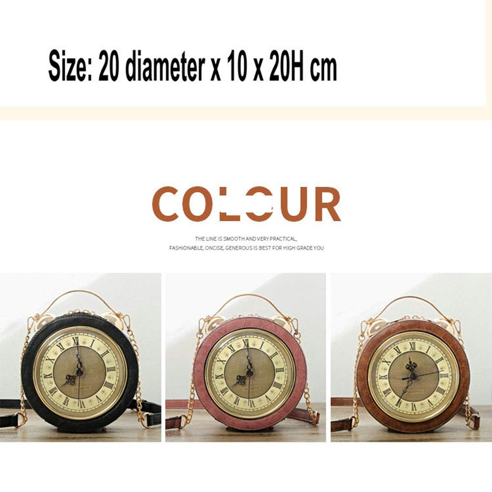 Clock Bag Echt Arbeiten, Vintage-Umhängetasche Messenger Bag, Steampunk-Stil-Form Ledertasche Kreishandtaschen-Ketten-Schulter Weibliche Tasche (Black)