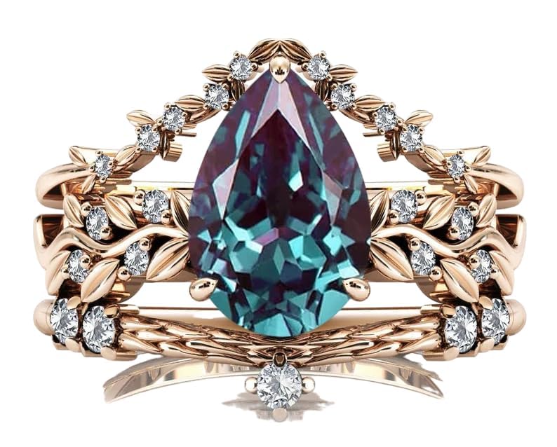 Vine Leaf Design Alexandrite Engagement Ring Set Pear Shaped Alexandrite Bridal Ring Set 925 Sterling Silver Alexandrite Wedding Ring Set (QS-AL-53)