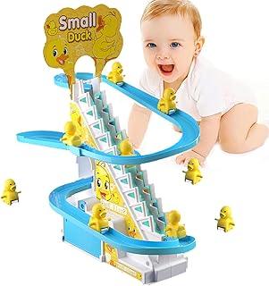Duck Sliding Toys with Stairs | Christmas Roller Coaster Toy with Climbing Ducks | Track Slide Stairs Indoor Toy with LED Flashing Lights and Music Qualipo