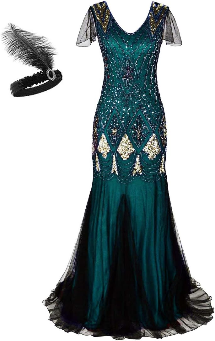 aifuu 1920s Gatsby Flapper Dress Women Long Prom Evening Gowns Beaded Sequin Mermaid Hem Ball Party Costume Plus Size