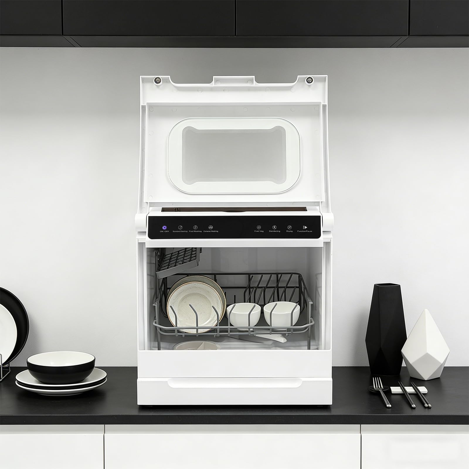 Lavavajillas de mesa, 6 programas, 4-6 personas, color blanco | Mini lavavajillas para casa, oficina y autocaravana, 52 dB, 360 °, doble pulverización, 3,5 – 5 l, modo estándar
