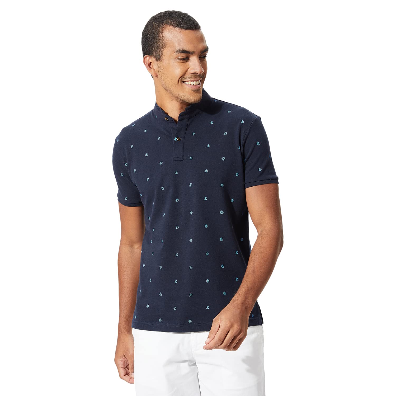 FAHRENHEITMen's Casual Regular Fit Poly Cotton Nautical Print Stand-Up Collar Polo T-Shirt (M, Navy)