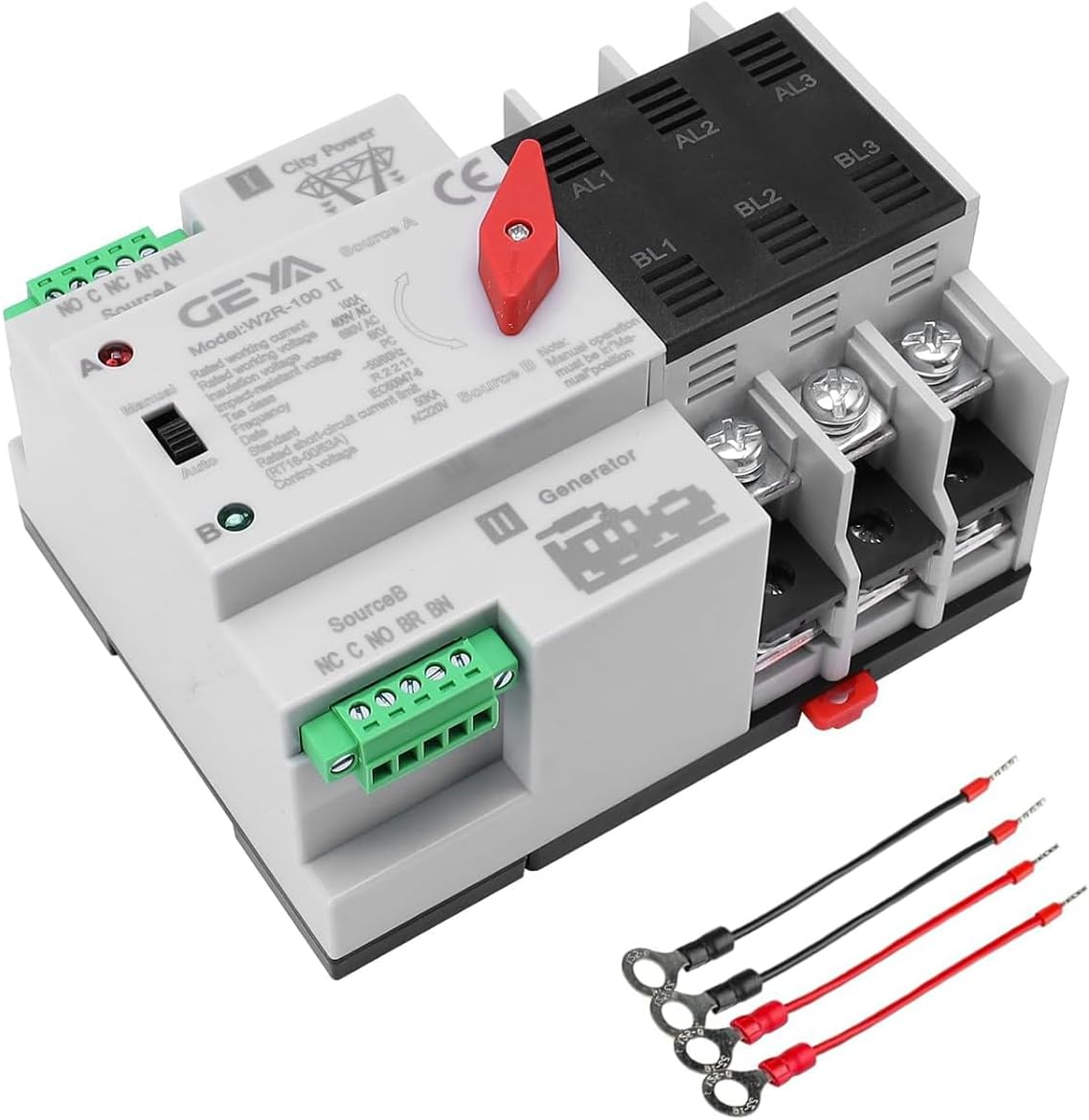 GEYA Mini ATS Automatic/Manual Transfer Switch, Solar Auto Dual Power Over & Under Voltage Switch 50/60Hz Grid to AC Generator(3Pole 100A 220V)