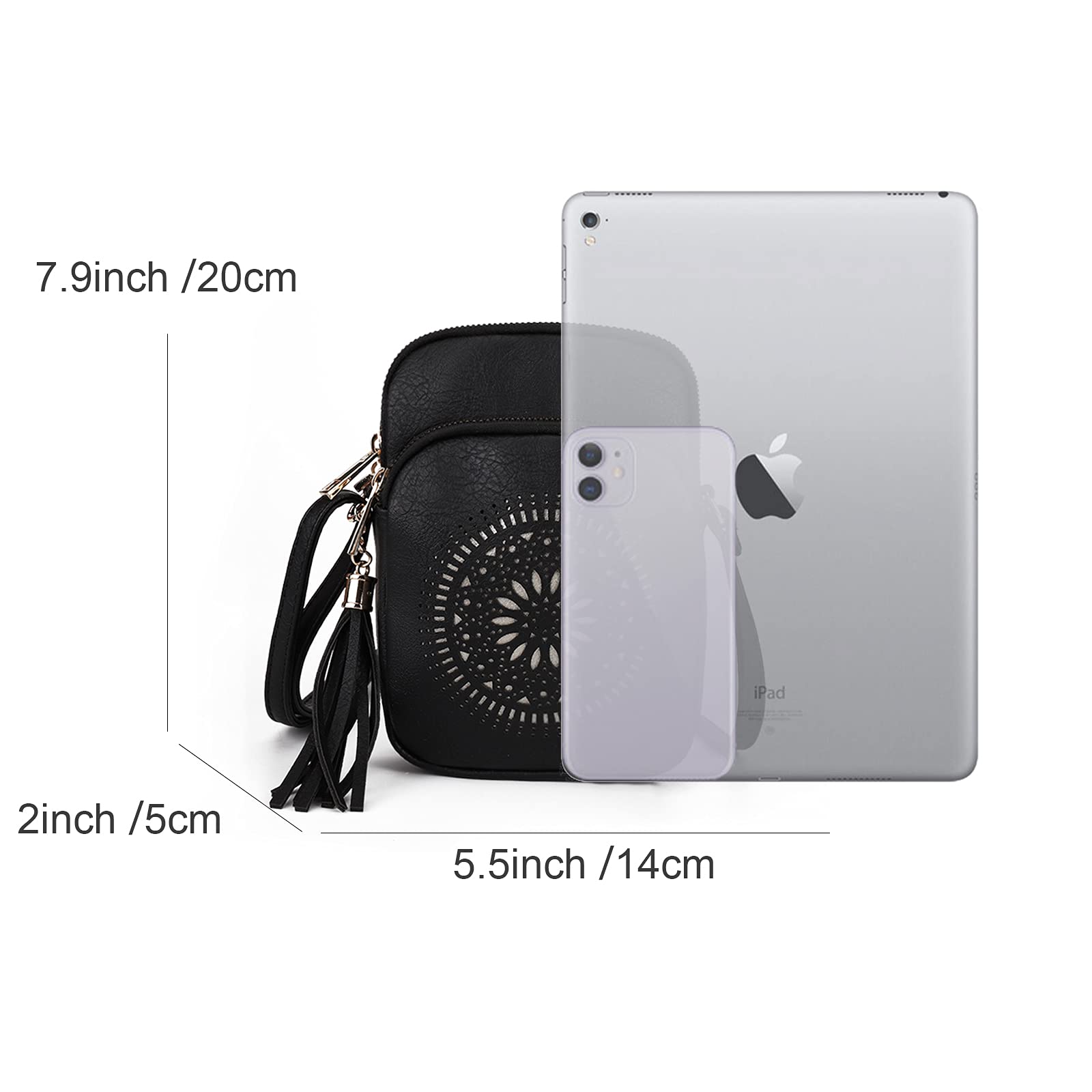 GLITZALL Borsa a tracolla, piccola borsa a tracolla con tasche multiple, borsa a tracolla con nappa, scavata, borse per cellulare da donna, alla moda, Nero