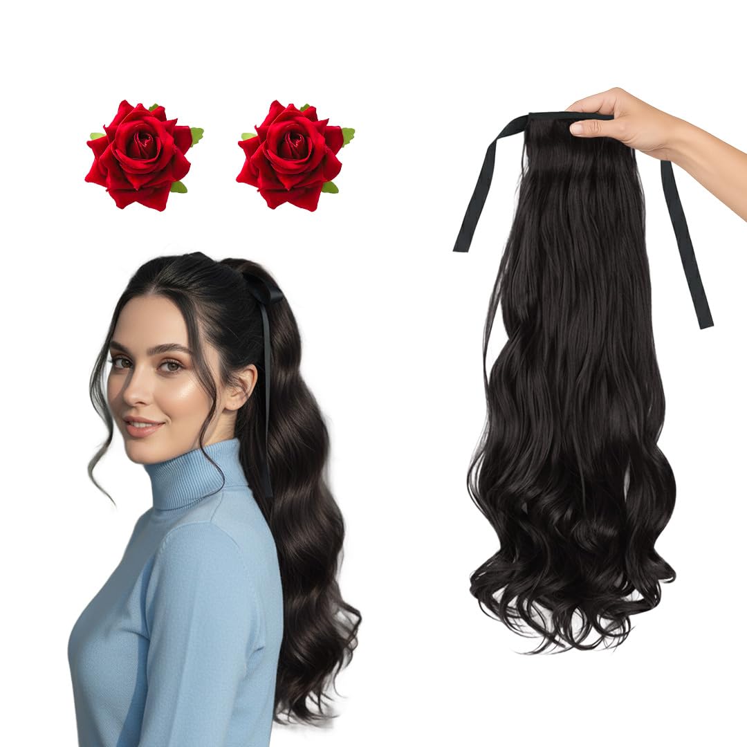 Ribbon Hair Extensions combo gives you a long, thick braid instantly. Comes with 2 rose clips for a complete traditional | Parandi Paranda Choti Savaram Poola Jada Amboda Gangawan Cataram Sadaraa. ((2 Flowers + Curly Ribbon Ponytail Black))-image-27