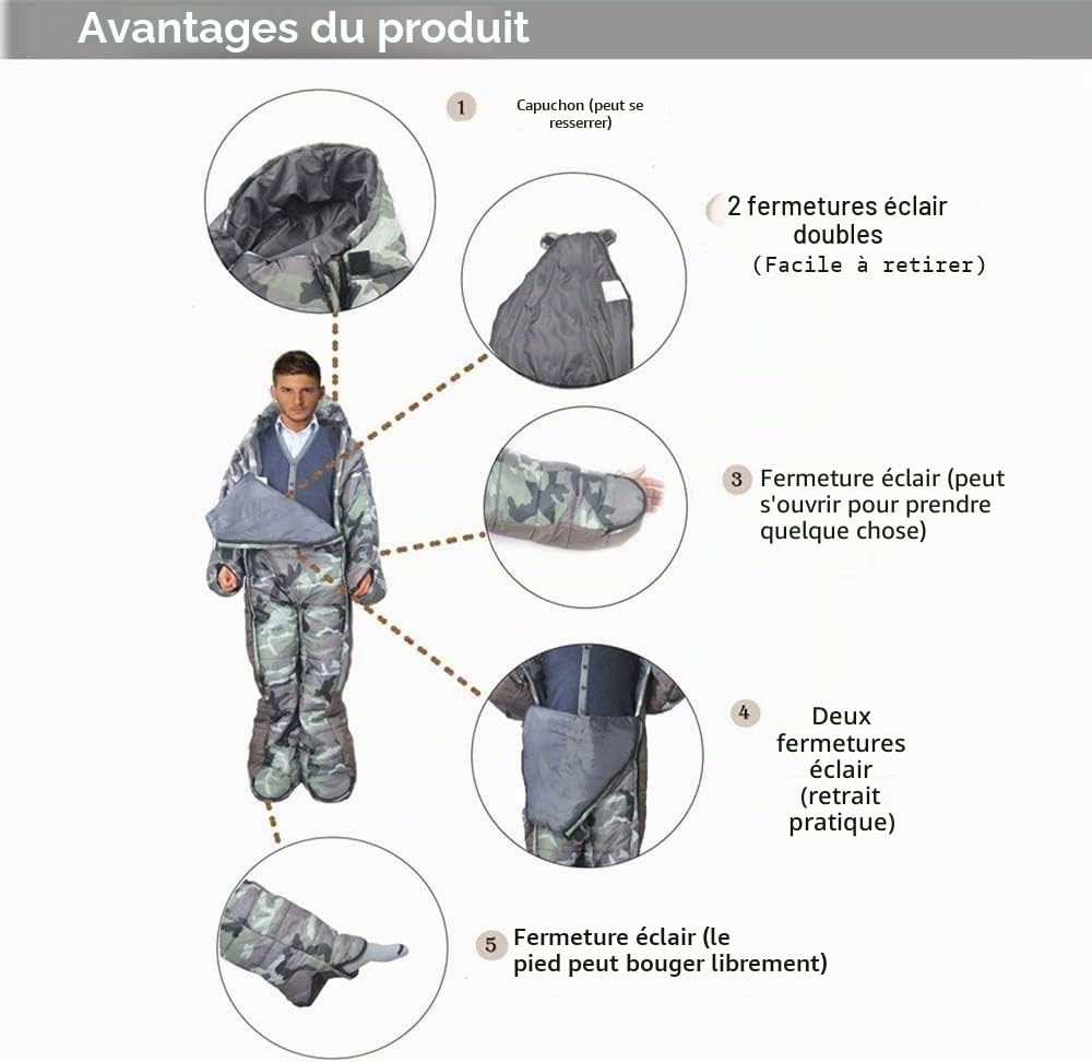 Grand sac de couchage humain portable de 182,9 cm avec ouverture pour les pieds, taille unique, ultraléger, manteau thermique matelassé chaud pour adultes, hiver ou plein air, camping 4 saisons
