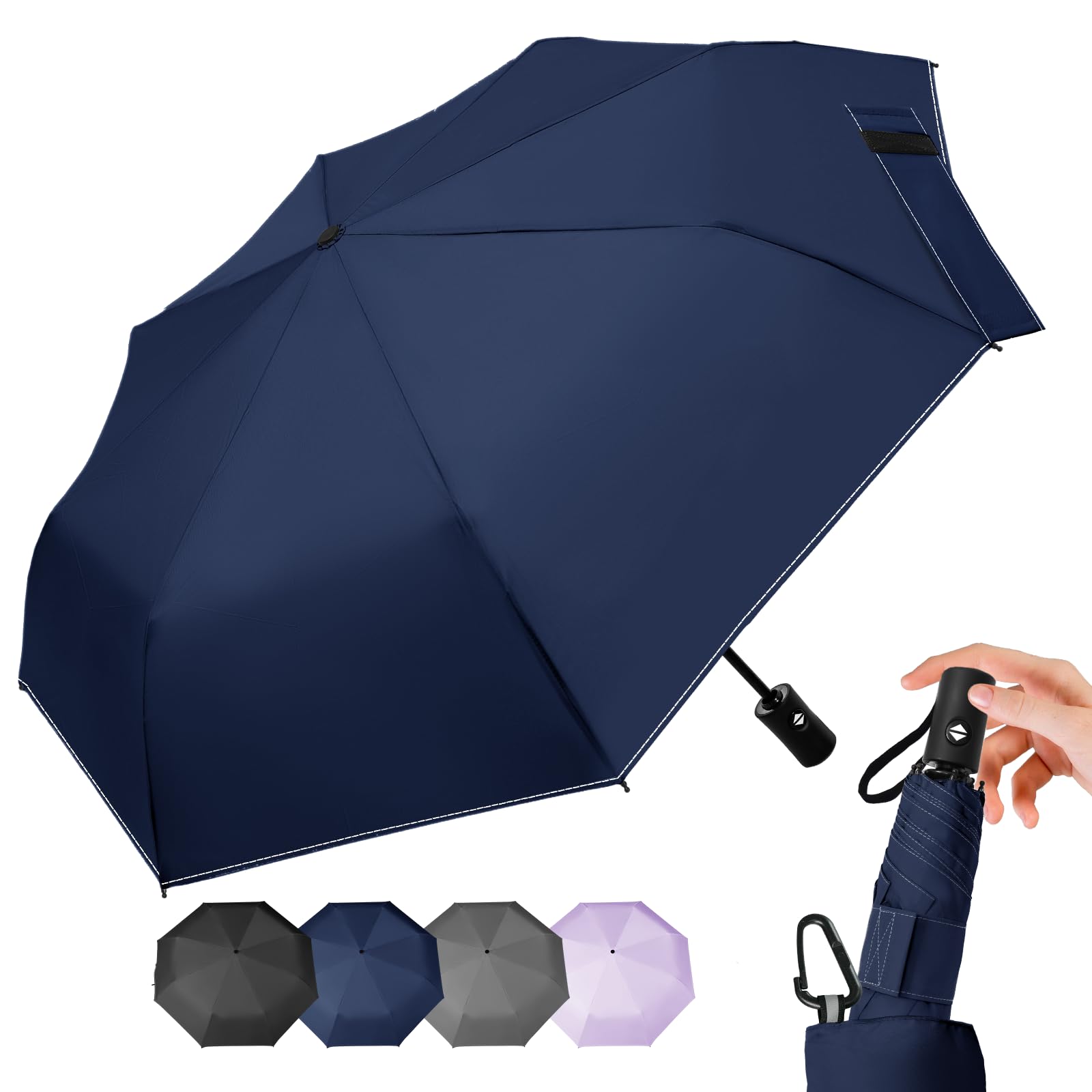 LILAC Regenschirm Klein Stabil Windfest, 110cm Taschenschirm Auf-Zu-Automatik, Kompakter Reiseschirm mit Klettverschluss & Karabiner, Leicht Faltschirm für Damen Herren
