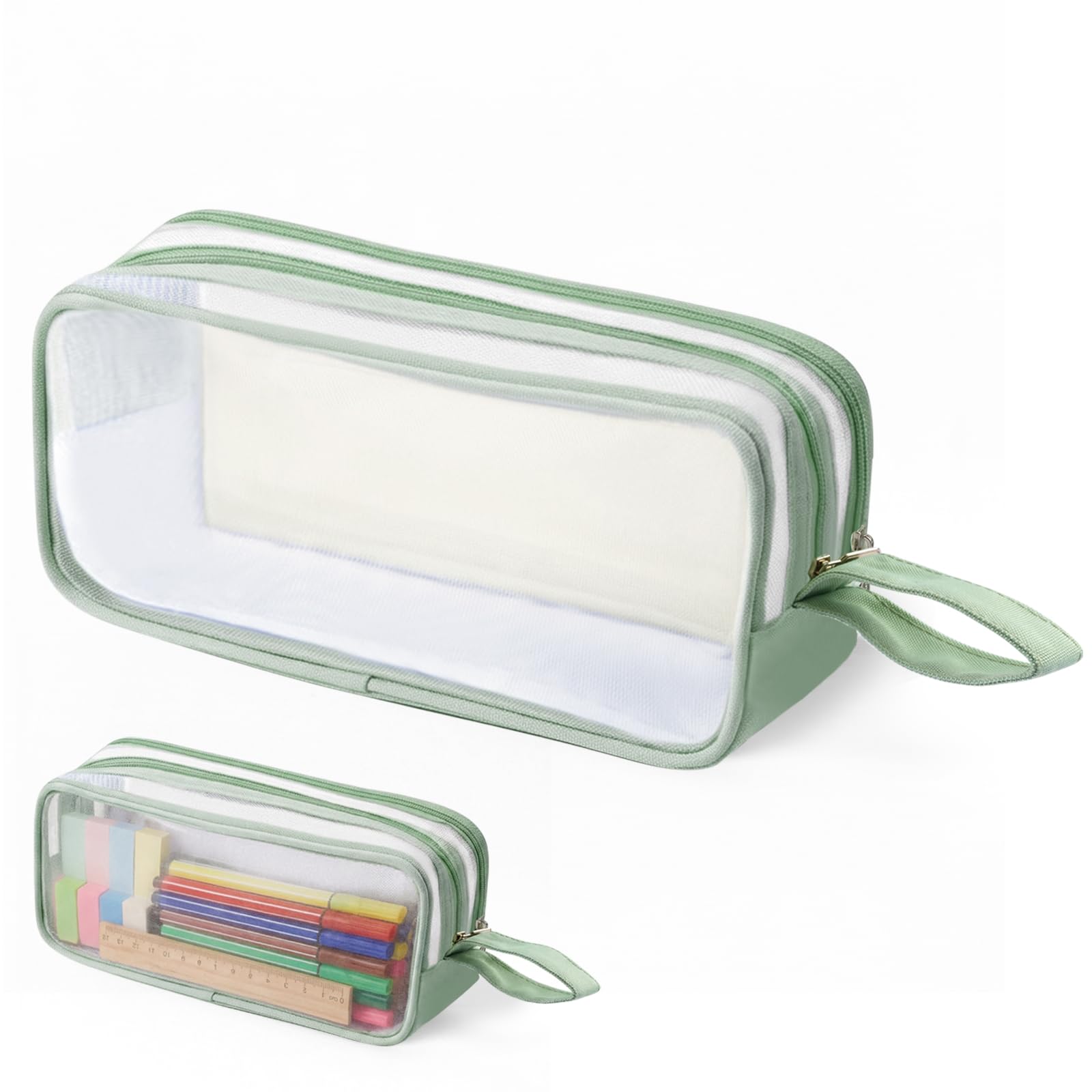 Clear Pencil Case,Transparent Pencil Case,Mesh Pencil Cases for Exam,Large Capacity 2 Compartment Pen Bag,Portable Pencil Pouch,Makeup Bag,See Through Pencil Cases for Boys,Girls,School,Office(Green)