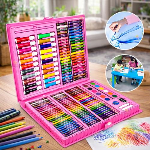 Image of WISHKEY 208 Pieces Art Set for Kids with Storage Case, All in One Art and Craft Supplies Kit for Drawing and Painting with Marker, Watercolor, Pens, Crayons, Color Pencils (Pack of 1, Pink)