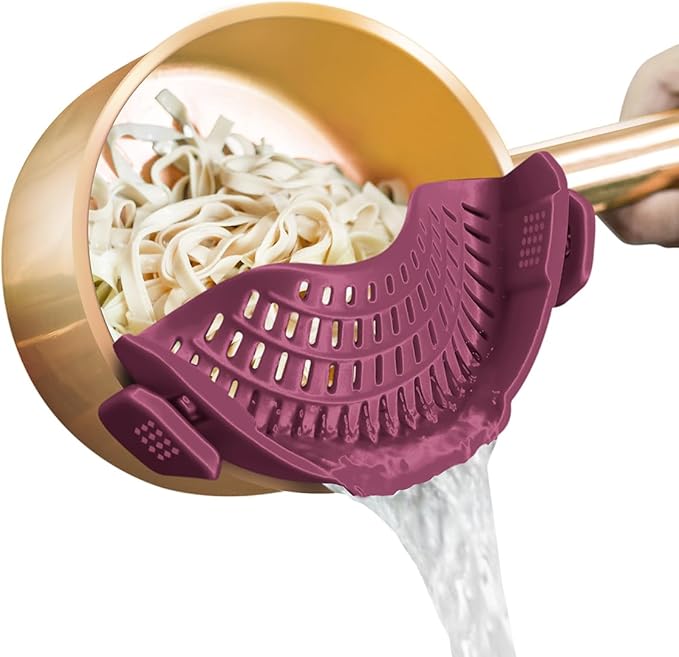 AUOON Silicone Clip on Strainer - Adjustable Strainers and Colanders for All Pots Pans and Bowls (Cherry)