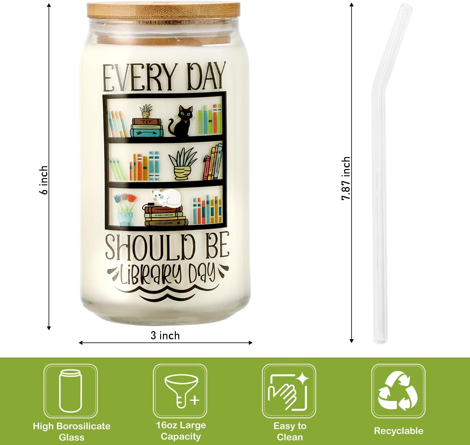 Christmas Book Lovers Gifts for Women,16oz Books Iced Coffee Glass Cups with Lids and Straws, Reading Bookish Reader Lover Themed Gift, Bookworm Gift for Friends, Teacher ,Librarian Who Love Book - Image 3