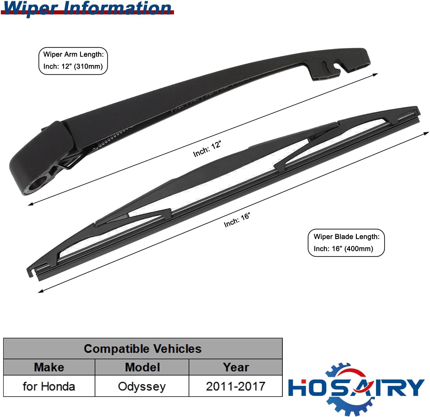 Rear Wiper Arm Blade Set for Honda Odyssey 2011-2017 Rear Windshield Wiper Arm Blade Assembly 76720-TK8-A01 76730-TK8-A21 (Pack of 2)
