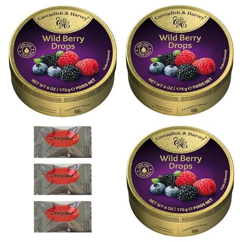 Cavendish And Harvey Hard Candy Sanded Drops With Omegapak Starlight Mints, Imported German Candy Bundles Of 3 Tins, 175G / 6 Ounces Each (Wild Berry) #TOP7