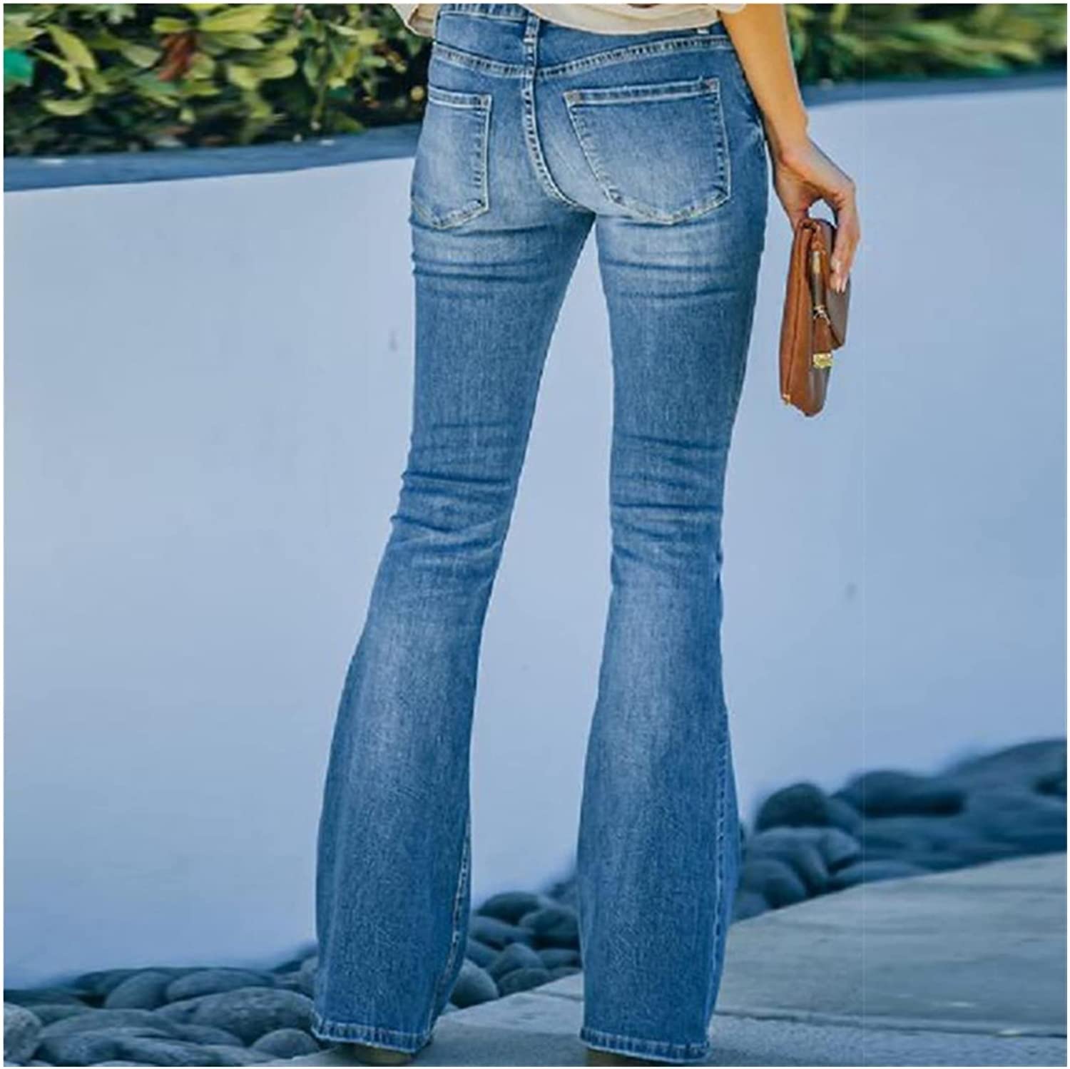 Jeans De Pierna Acampanada Cintura Alta Con Botones Vintage De Los Años 90, Pantalones De Pierna Ancha Tiro Alto Jeans De Mezclilla Azules Elásticos, Classic Pull-On Stretch Denim Bell Bottom Vaqueros