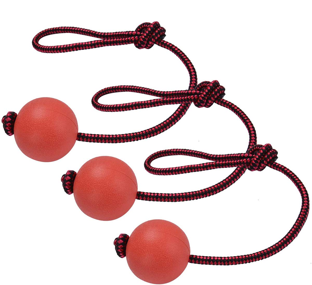 StarthiDog Ball on a Rope, 3 Pack Natural Interactive Rubber Ball for Fetch, Catch, Throw and Tug of War (Red)