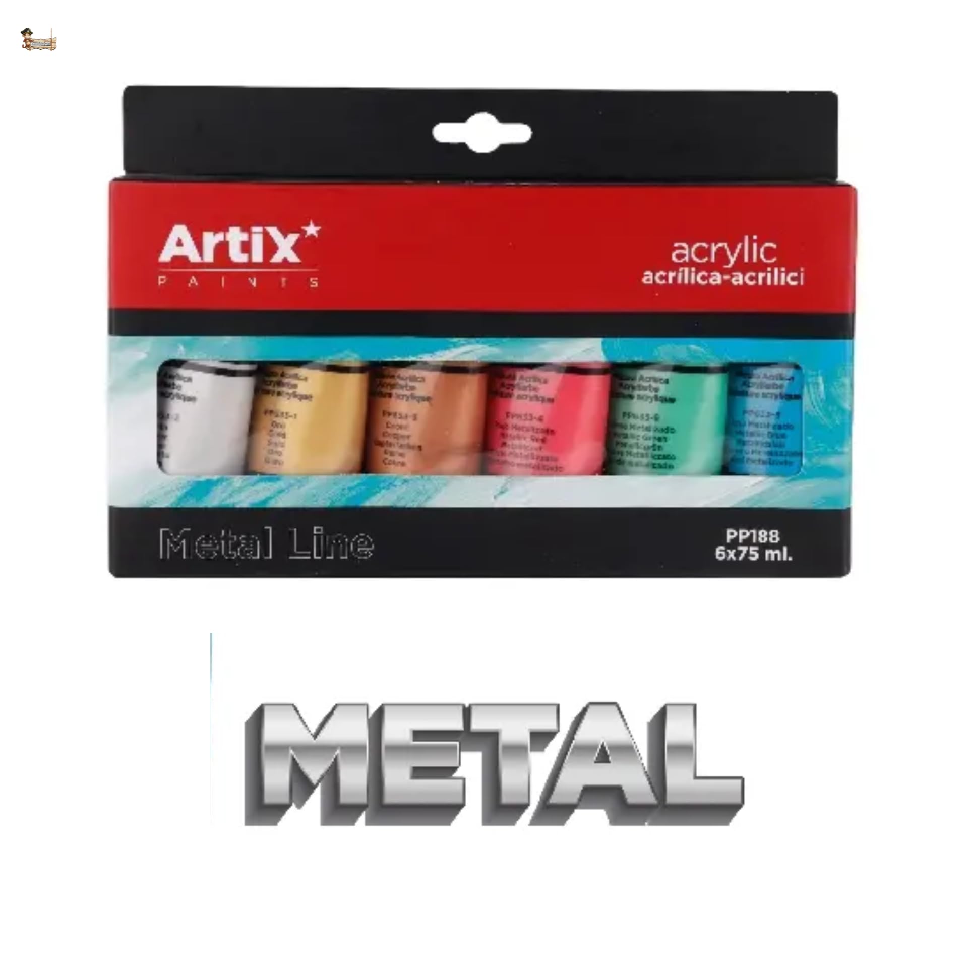 BricoLoco.com Metaliczna farba akrylowa, zestaw 6 tubek po 75 ml, kolory metaliczne, wysoka siła krycia, metaliczny efekt na płótnie, do majsterkowania, sztuki i dekoracji