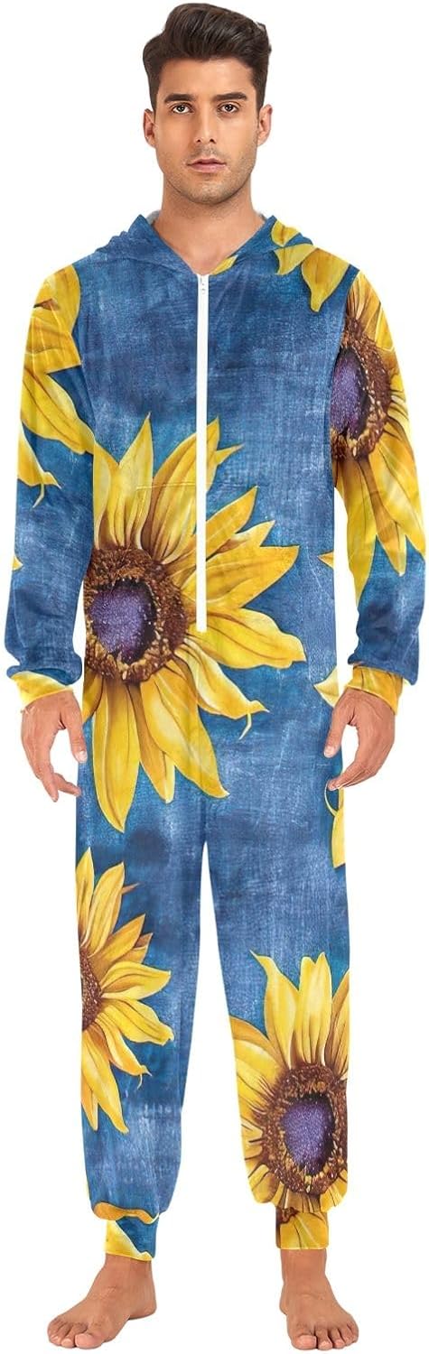 GAIREG Yellow Sunflowers Blue Adult Onesie Pajamas, Soft Hooded One Piece Jumpsuit for Men Women Sleepwear Loungewear