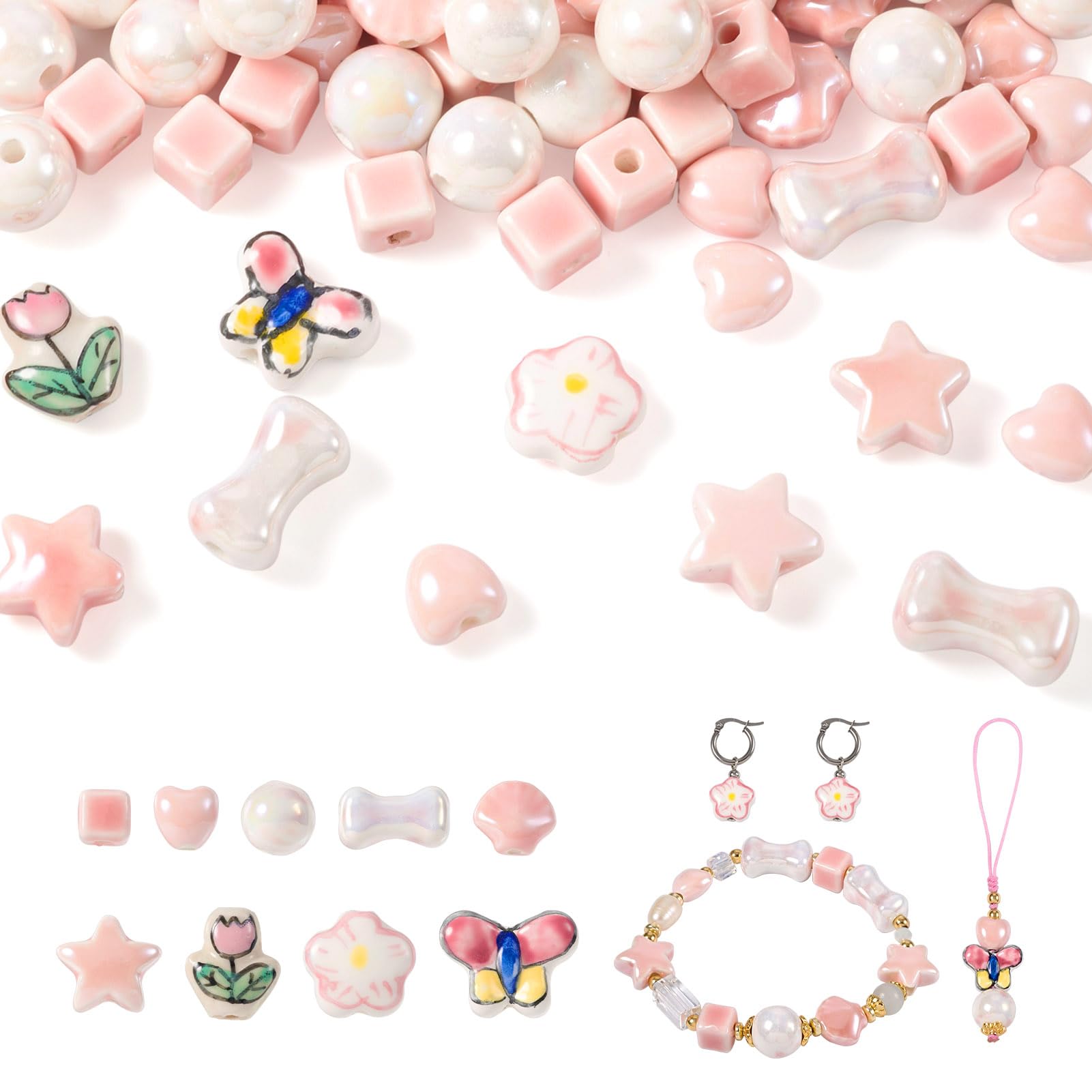 Perles rondes en porcelaine pour fabrication de bijoux en céramique émaillée rose fait main