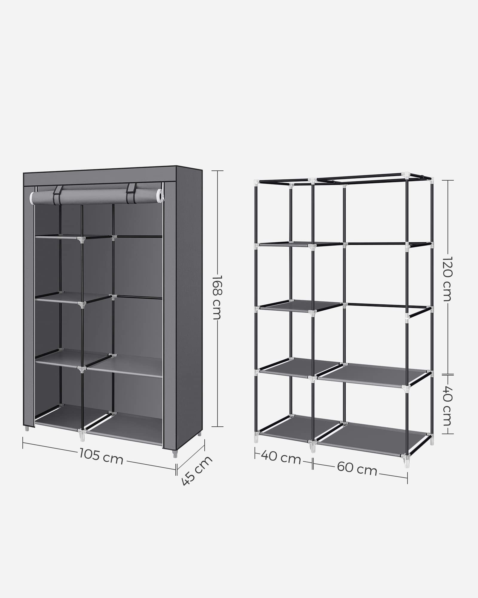 SONGMICS Armoire à Vêtements, Penderie, 1 Tringle à Vêtements, 6 Niveaux, Tissu Non-tissé, Cadre Métallique, 45 x 105 x 168 cm, pour Chambre, Couloir, Dressing, Gris RYG085G02