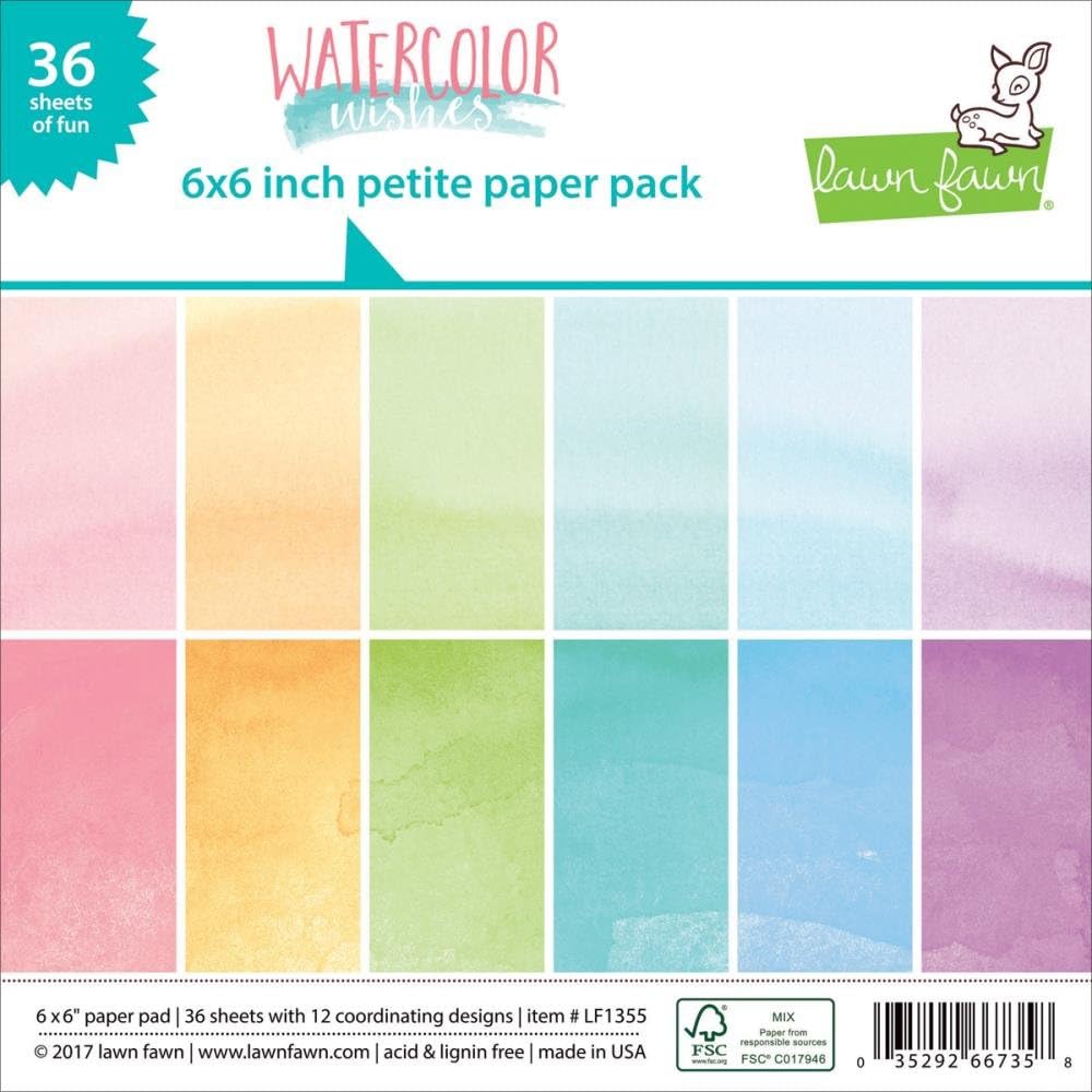 Lawn FawnSingle-Sided Petite Paper Pack 6"X6" 36/Pkg-Watercolor Wishes, 12 Designs/3 Each, Assorted