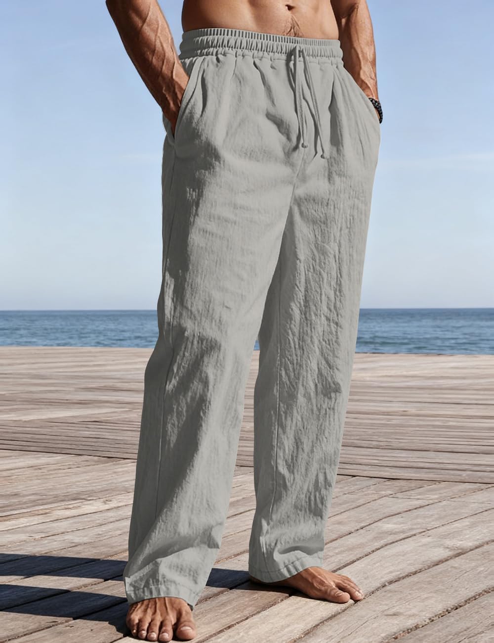 Men's Casual Linen Pants Loose Fit Drawstring Waist Lightweight Linen Trousers Summer Yoga Beach Long Pants - Image 3