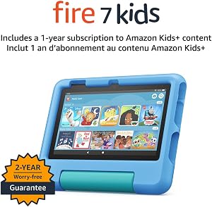 Amazon Fire 7 Kids tablet (newest model), ages 3-7. Top-selling 7" kids tablet on Amazon - 2022, ad-free content with parental controls included, 10-hr battery, 16 GB, Blue