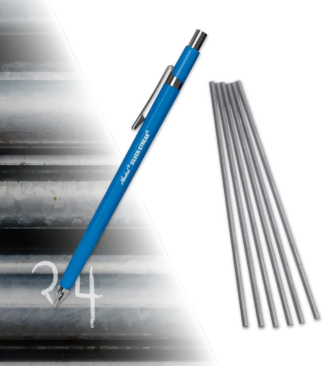 Markal 96107 Silver-Streak Refillable Mechanical Holder With 6 Silver Highly Visible Reflective Lead Refills, Built-in Sharpener, 1 Click Advance -Ideal for Metal Layout & Fabrication Work
