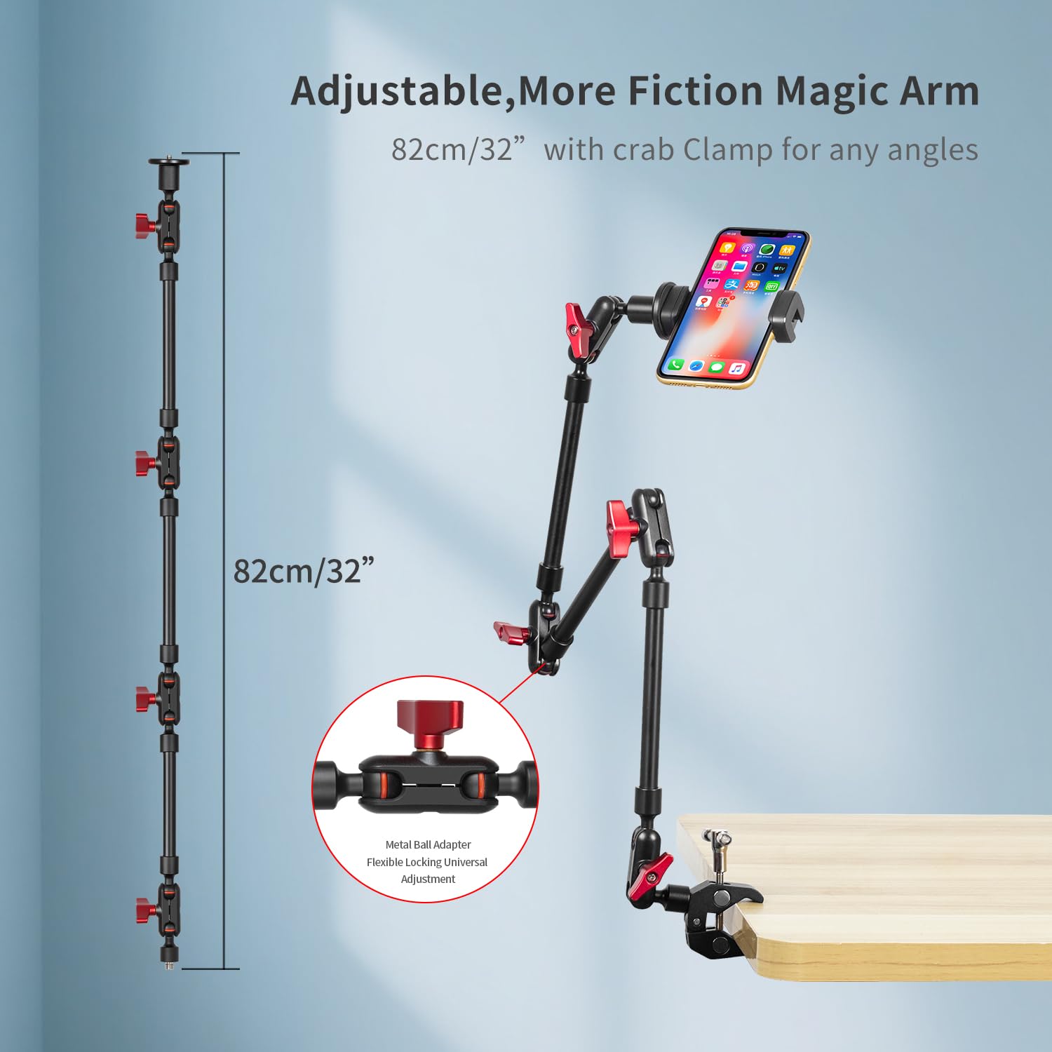 Braccio magico articolato regolabile con morsetto e clip di supporto per telefono per supporto da scrivania, supporto da scrivania, treppiede per telefono cellulare (3 bracci+morsetto+clip)