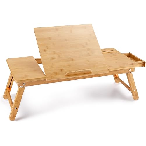 Laptop Desk Nnewvante Bamboo Laptop Table Adjustable Lap Tray Bed Serving Tray Breakfast Table Foldable Coffee Tea Table 7 Tilting Top Angles 4 Latches Large Size 27.95" x 13.8"