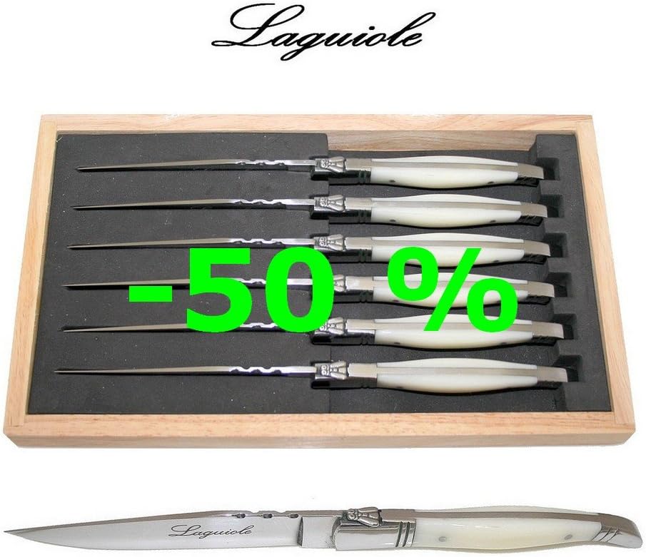 LAGUIOLE - 6 Steak Knives - Picasso Ivory - Exclusive Quality White Color Steak Cutlery Table Flatware Setting for 6 People - Direct From France
