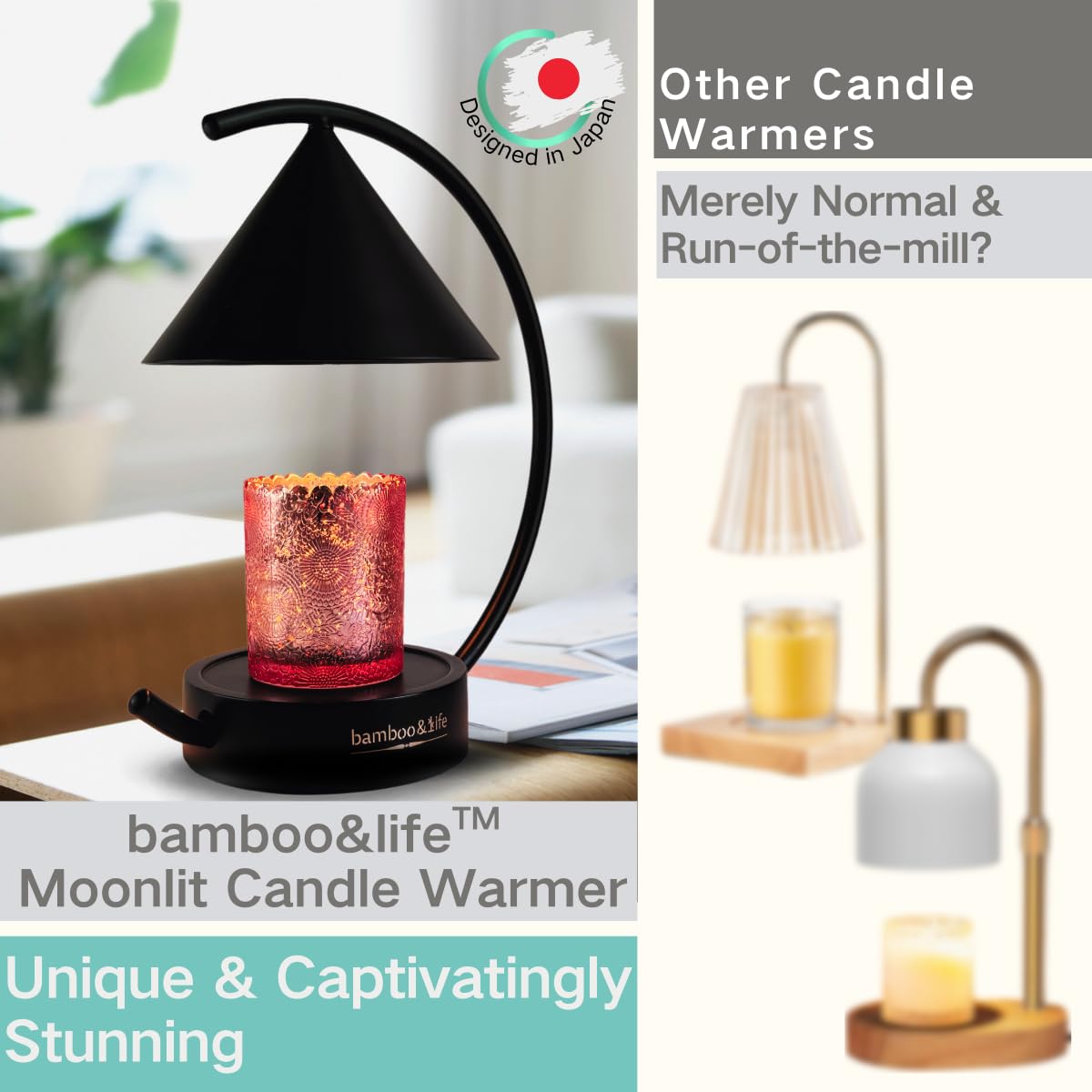 bamboo&life Moonlit Candle Warmer Lamp w/2 Bulbs,Unique Japanese Moon-Shape,Minimalist Beauty,Eco-Luxury Qulty,Wide Bamboo Base,Touch Contrl,Chic Birthday Gifts,Standout Housewarming Gift,Jar Candles